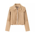 Women's short fringed jacket made of suede look with zipper and studded embellishment Fashion Glam