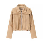 Women's short fringed jacket made of suede look with zipper and studded embellishment Fashion Glam