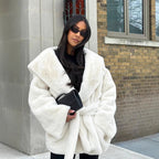 Women's Boxy Teddy Jacket with Wrap Belt and Oversized Shawl Collar Fashion Glam