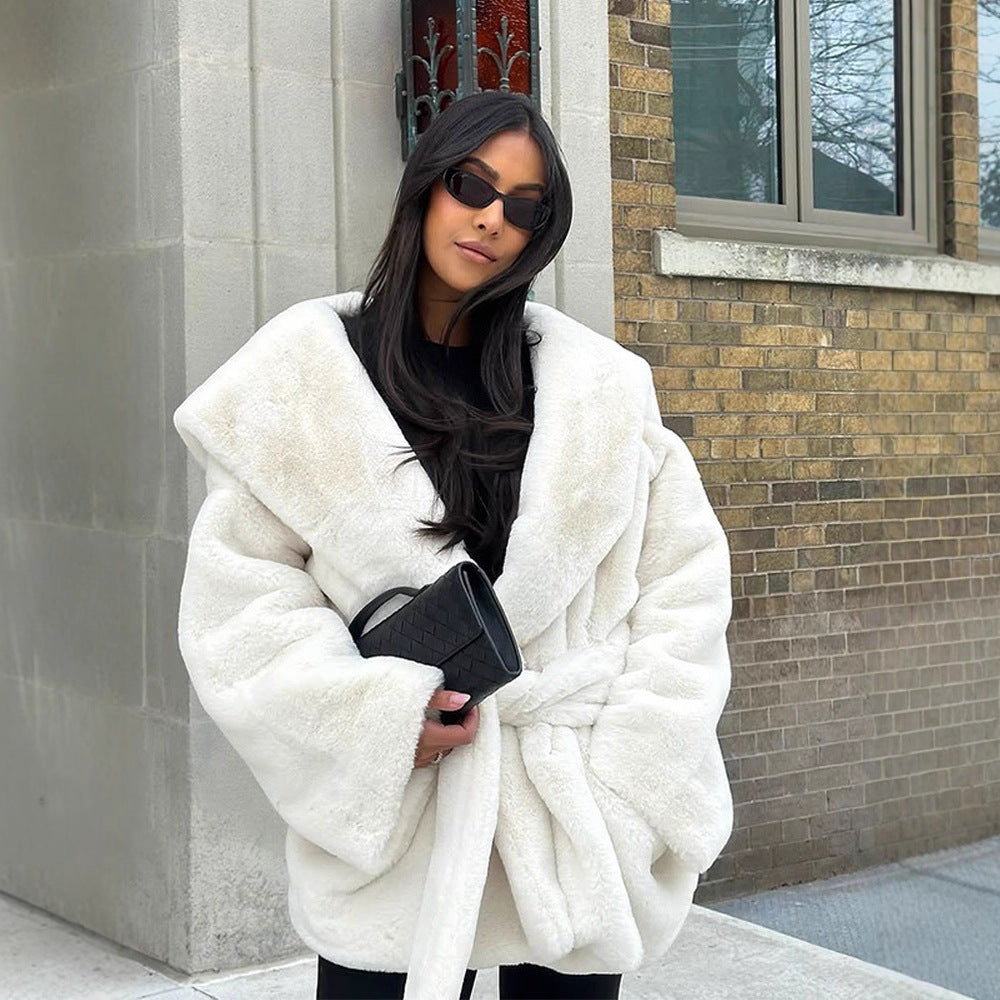 Women's Boxy Teddy Jacket with Wrap Belt and Oversized Shawl Collar Fashion Glam