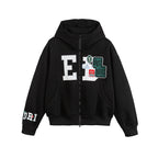 Unisex Oversize Hoodie Zip Jacket with Collegiate Patches Fashion Glam