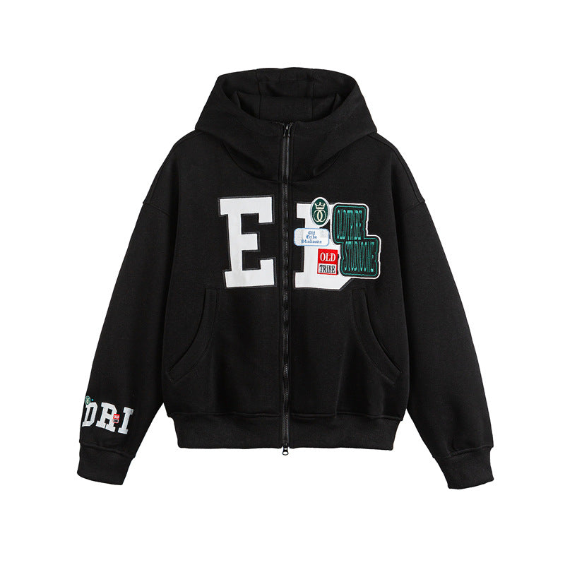 Unisex Oversize Hoodie Zip Jacket with Collegiate Patches Fashion Glam