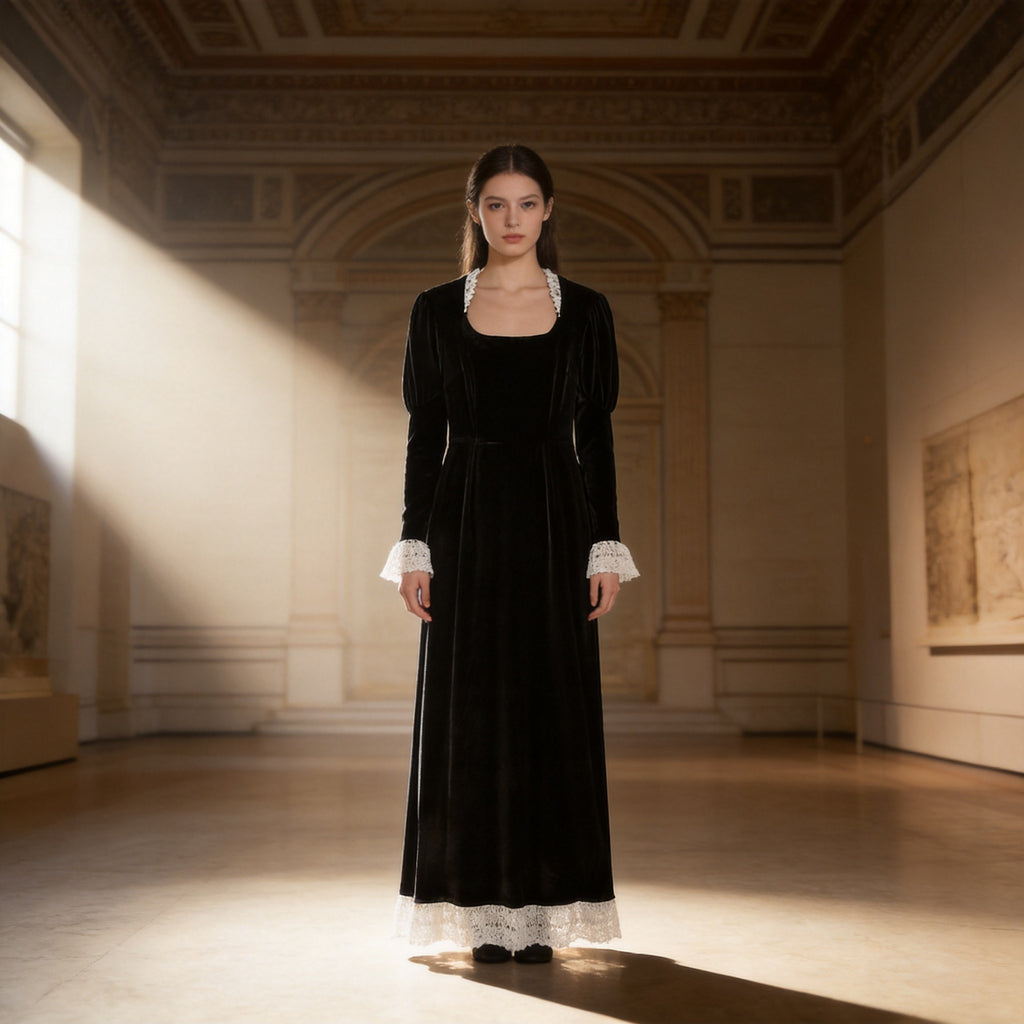 Ladies' velvet maxi dress with square neckline, lace trim, and puff sleeves Fashion Glam