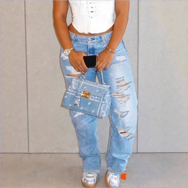 Women High-Waisted Relaxed-Fit Straight Jeans with pronounced Destroyed Details Fashion Glam