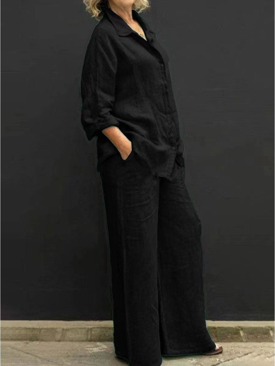 Women's Relaxed-Buttondown-Shirt and High-Waist-Palazzo in Linen Look Fashion Glam