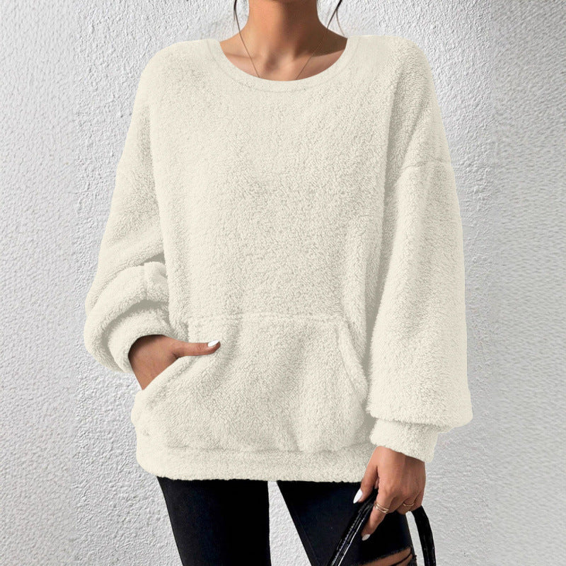 Ladies Cozy Oversized Sherpa Sweater with Kangaroo Pocket and Balloon Sleeves Fashion Glam