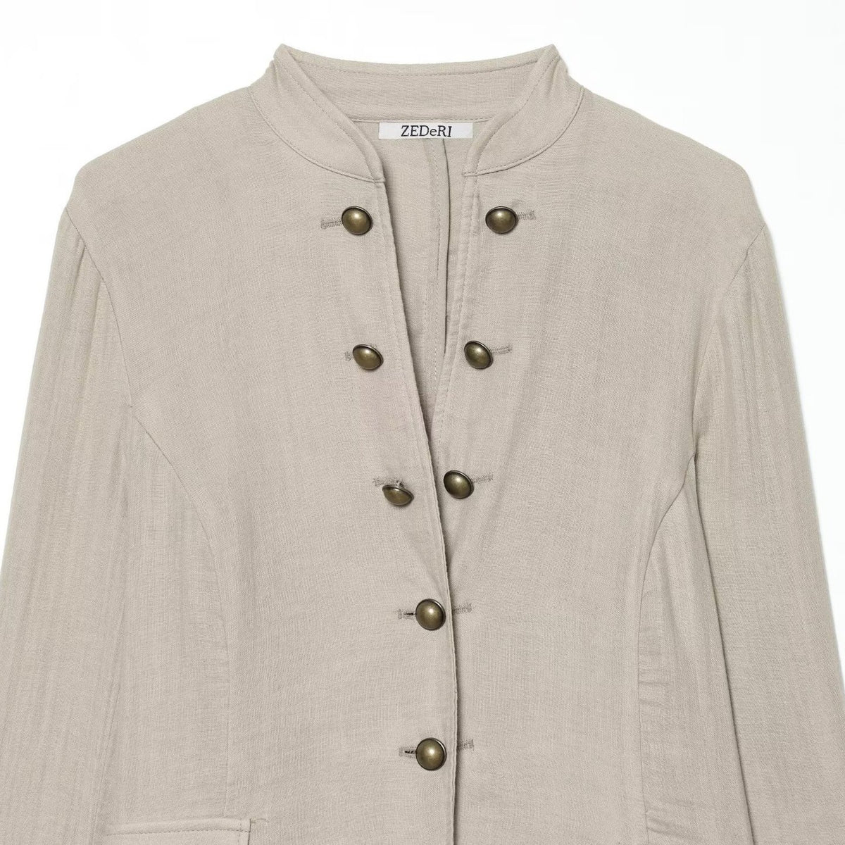 Women's short blazer with Mandarin collar, decorative button placket and curved hem Fashion Glam