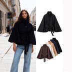 Women's Short Cape Coat with Stand-Up Collar, Concealed Button Placket and Tie Belt Fashion Glam