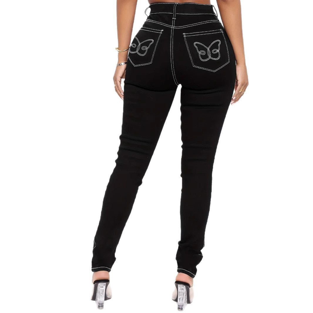 Women's High-Cut Sculpting Skinny Jeans with Contrasted Seam Design and Butterfly Embroidery Fashion Glam