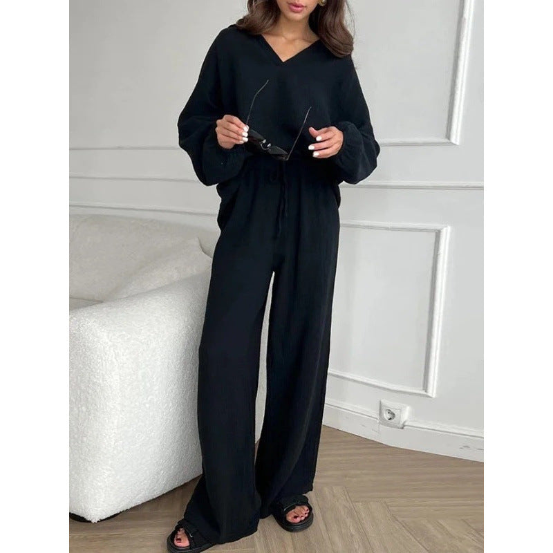 Women's Lightweight Crinkle Lounge Set with V-Neck and Wide High-Waist Pants Fashion Glam