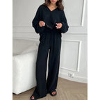 Women's Lightweight Crinkle Lounge Set with V-Neck and Wide High-Waist Pants Fashion Glam