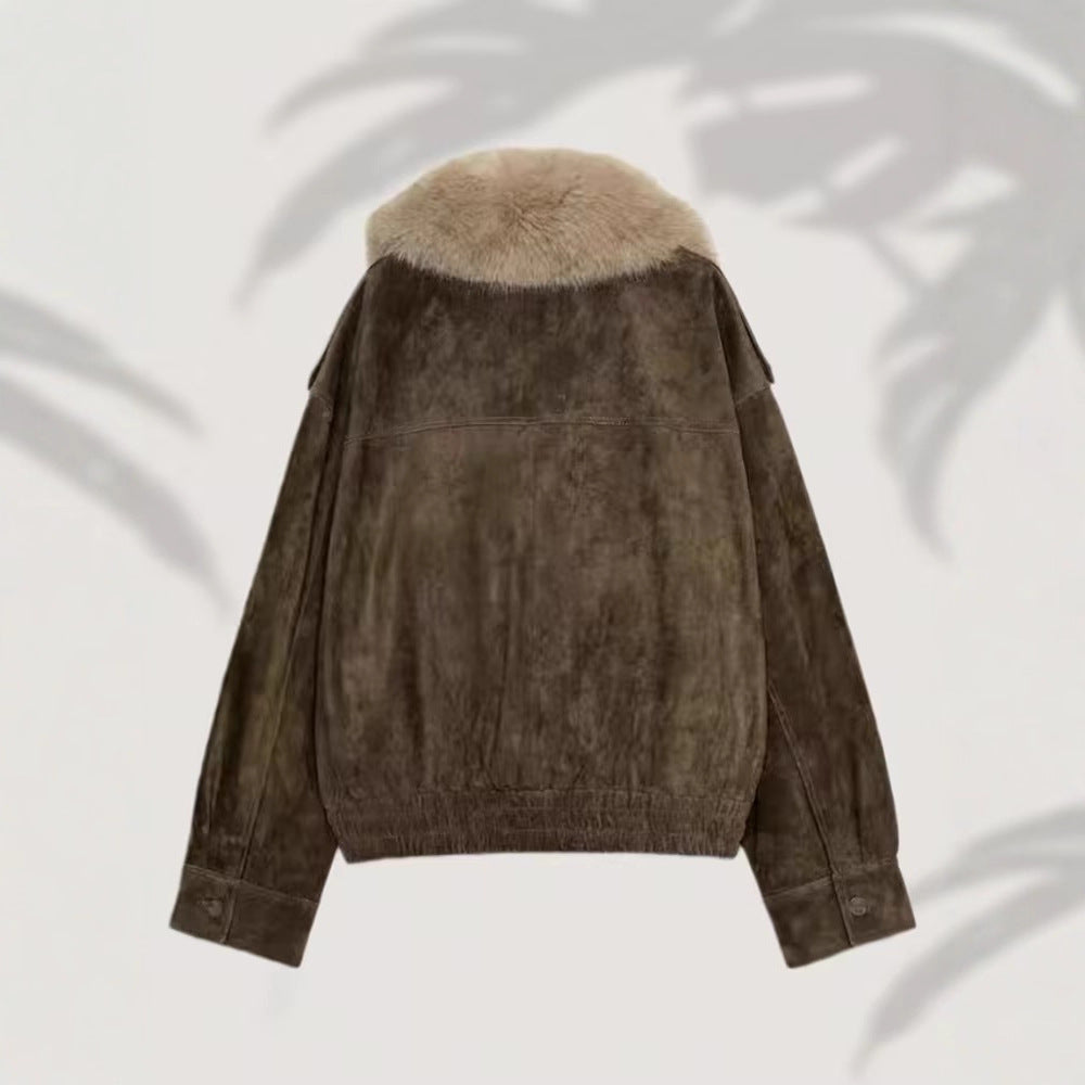 Women’s short-cut suede bomber jacket with luxurious fur collar Fashion Glam