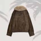 Women’s short-cut suede bomber jacket with luxurious fur collar Fashion Glam