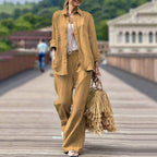Women's Lightweight Linen Two-Piece Set with Loose Shirt Blouse and Wide High-Waist Pants Fashion Glam