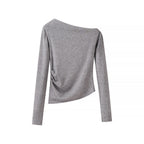 Women’s asymmetrical fine knit top with off-the-shoulder neckline and gathered side panel Fashion Glam