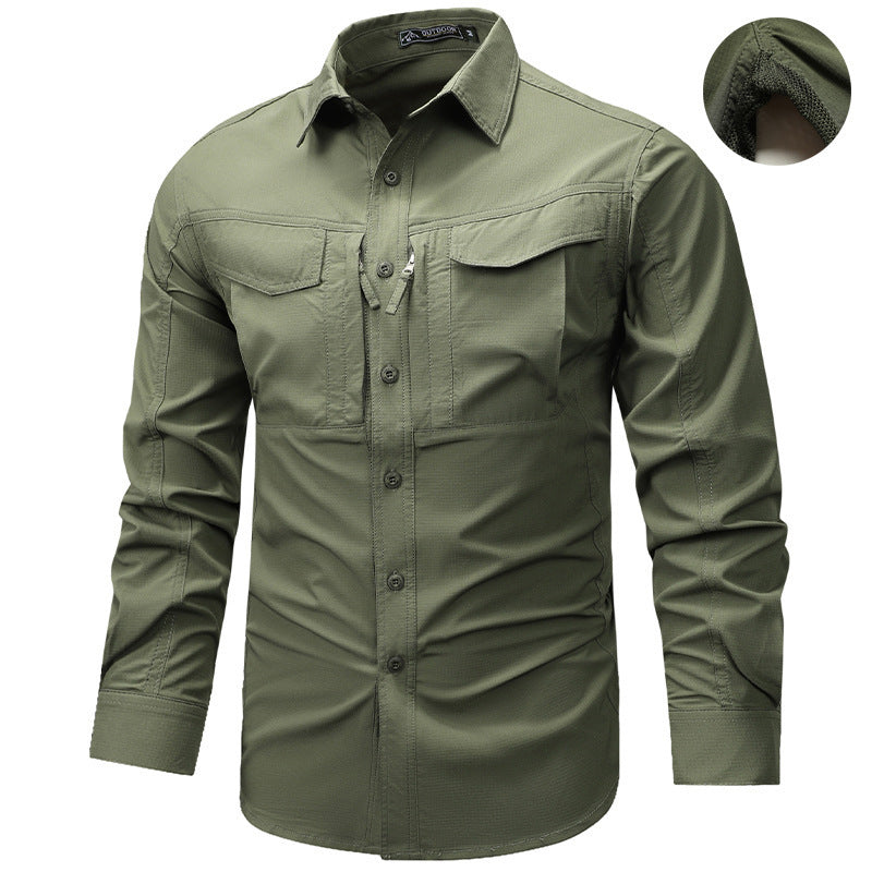 Men's Long Sleeve Outdoor Shirt with Ripstop, Chest Pockets and Zipper Pocket Fashion Glam