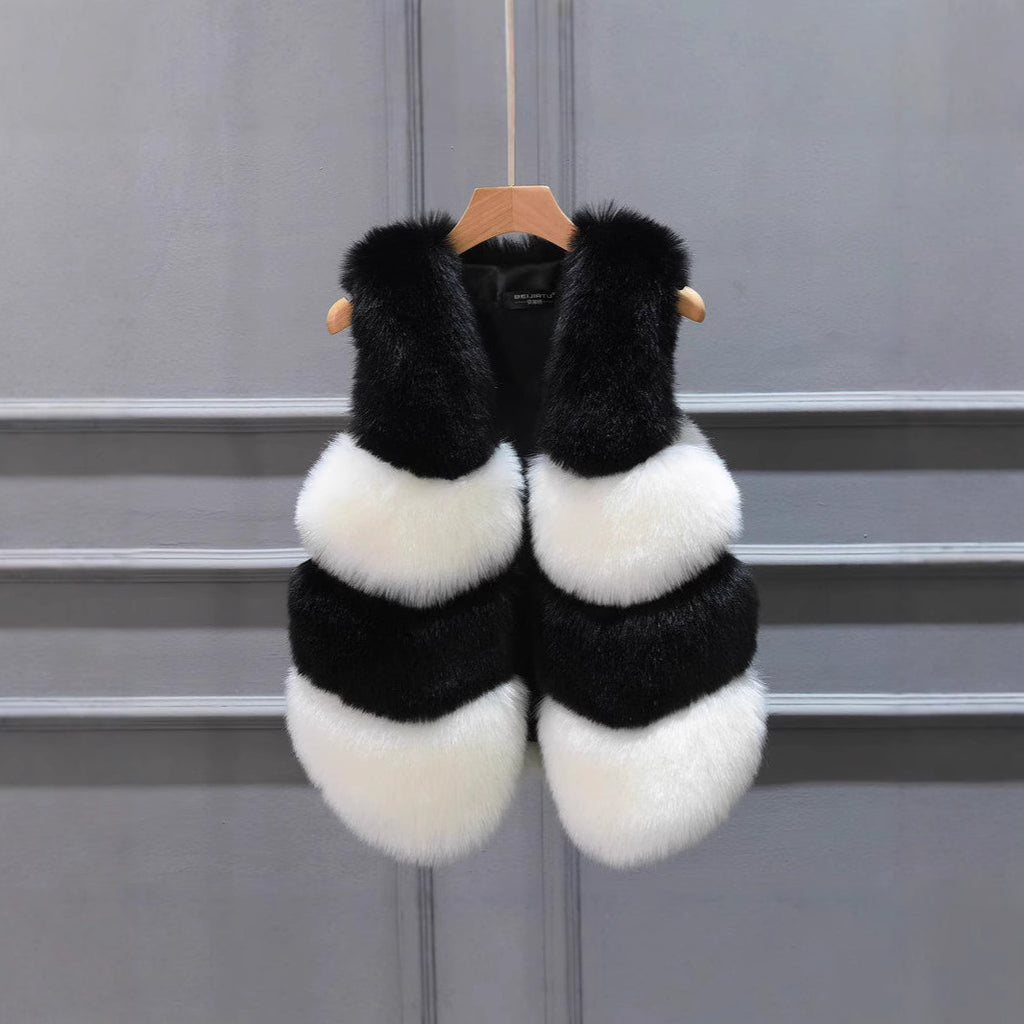Women Cropped Faux Fur Vest with Layered Volume Panels Fashion Glam