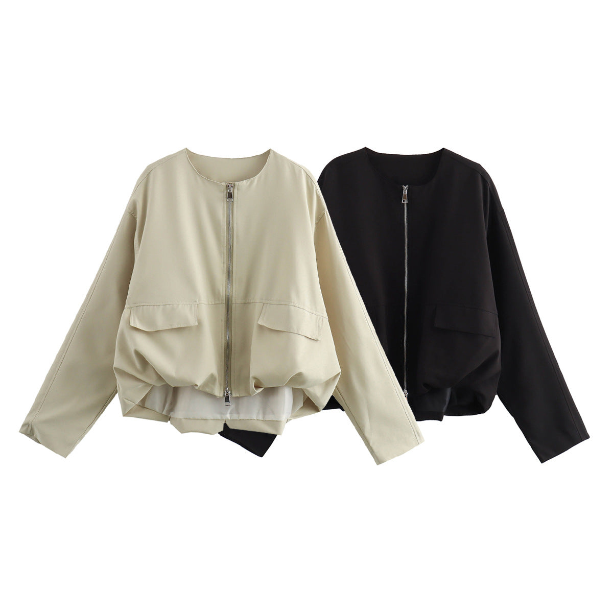 Women Lightweight Cropped Bomber Jacket with Round Neck, Two-Way Zipper and Flap Pockets Fashion Glam