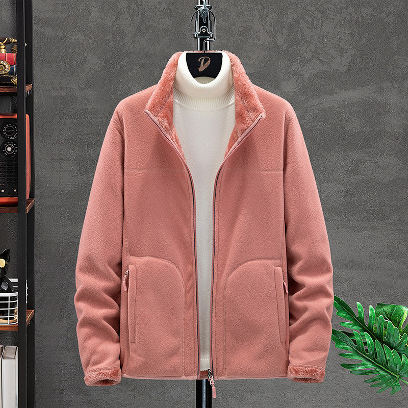 Women Cozy Fleece Jacket with Teddy Lining, Stand Collar and Two Zip Pockets Fashion Glam