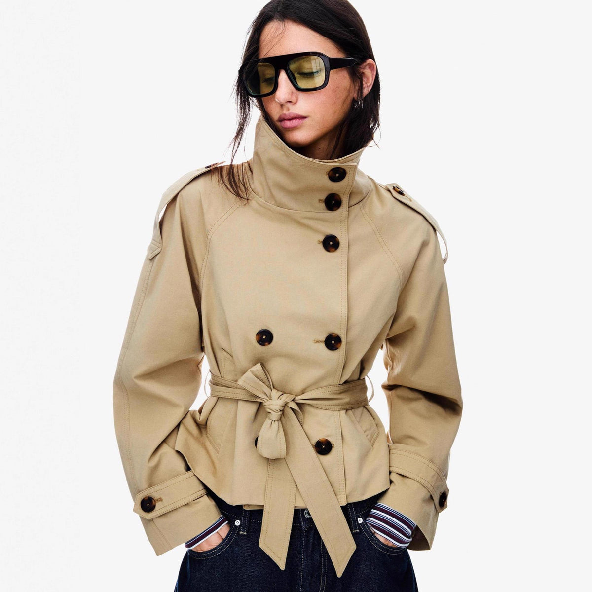 Women's Short Tailored Trench Coat with High Stand Collar and Tie Belt Fashion Glam