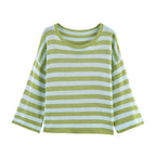 Women Oversized Striped Fine Knit Sweater with Round Neck and Half-Length Sleeves Fashion Glam