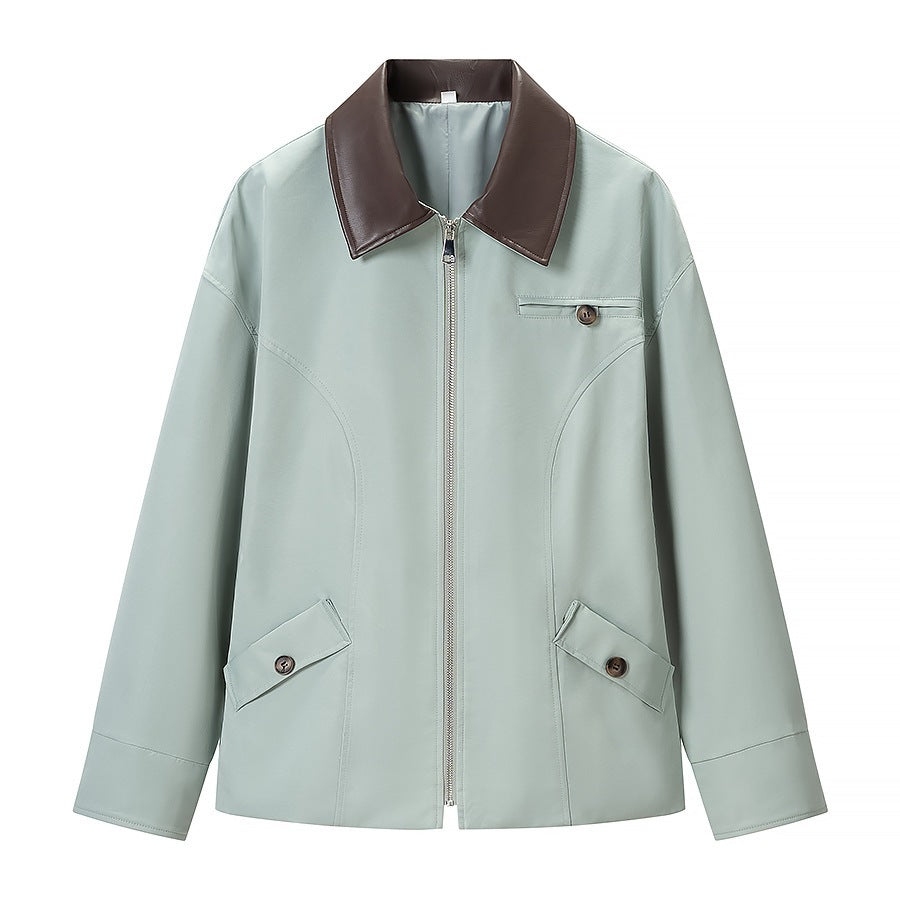 Women's Boxy Blouson with Zipper, Contrast Collar and Flap Pockets Fashion Glam