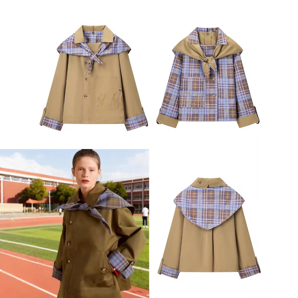 Women's short jacket in trench-cape mix with checked shawl collar bow Fashion Glam