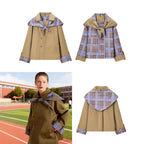 Women's short jacket in trench-cape mix with checked shawl collar bow Fashion Glam