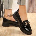 Ladies Patent Leather Platform Loafer with Gold Horsebit Detail and Low Block Heel Fashion Glam