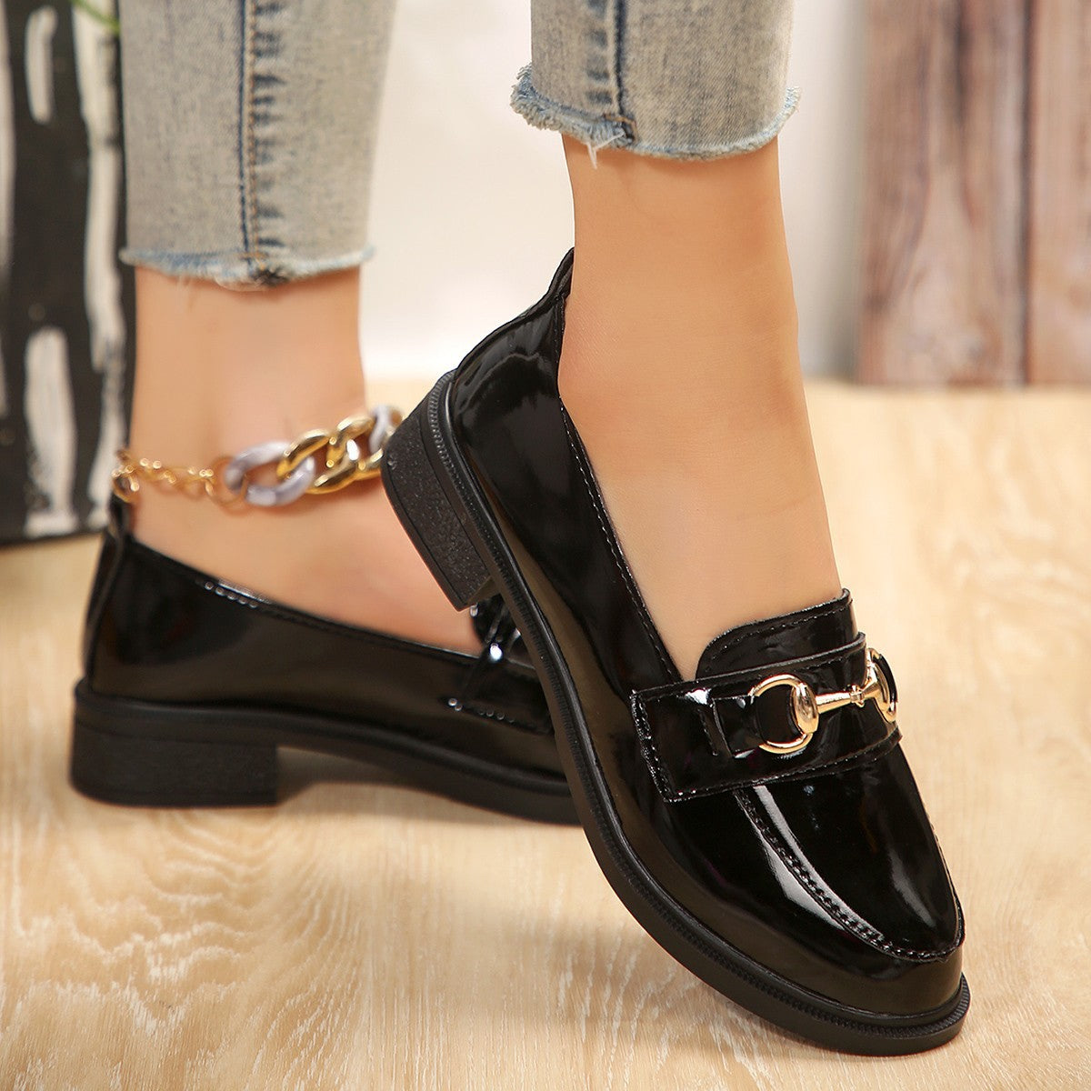 Ladies Patent Leather Platform Loafer with Gold Horsebit Detail and Low Block Heel Fashion Glam