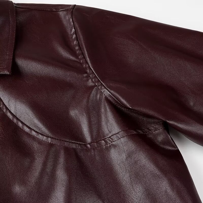 Women's Shiny Leather-Look Blouson Jacket with Shirt Collar, Zipper and Elastic Hem Fashion Glam