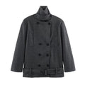 Men's short double-breasted wool coat with stand collar and waist belt Fashion Glam