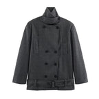 Men's short double-breasted wool coat with stand collar and waist belt Fashion Glam