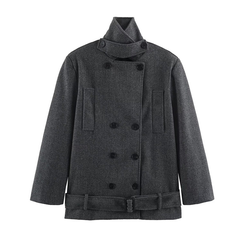 Men's short double-breasted wool coat with stand collar and waist belt Fashion Glam