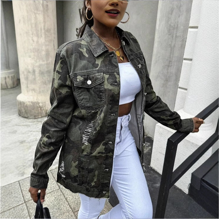 Women Oversize Camouflage Denim Jacket in Extended Cut with Frayed Hem Fashion Glam