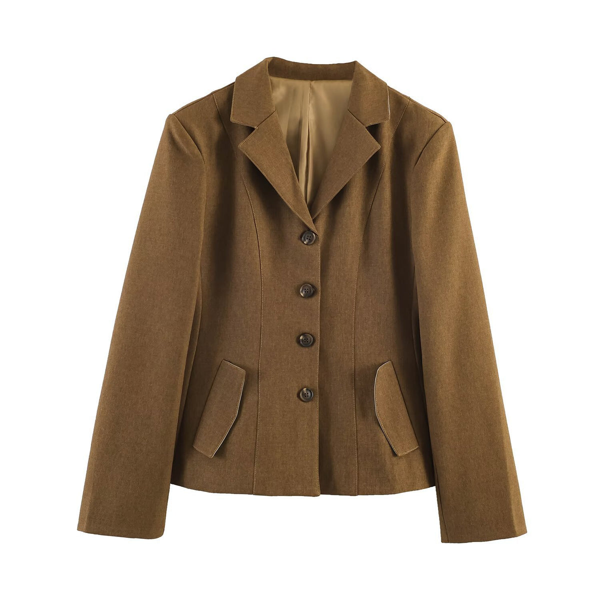 Women Tailored Short Blazer with Wiener Seams, Continuous Button Placket and Flap Pockets Fashion Glam