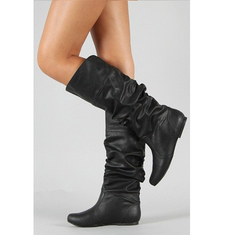 Women’s casual knee-high slouch boots with flexible shaft and flat heel Fashion Glam
