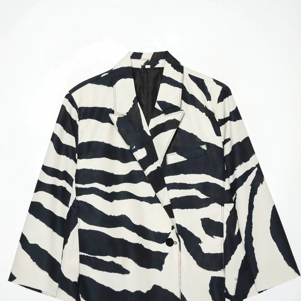 Women's Oversize Blazer with Zebra Print, One Button Closure and Flap Pockets Fashion Glam
