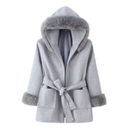 Women's Hooded Wool Blend Coat with Tie Belt and Faux Fur Trim Fashion Glam