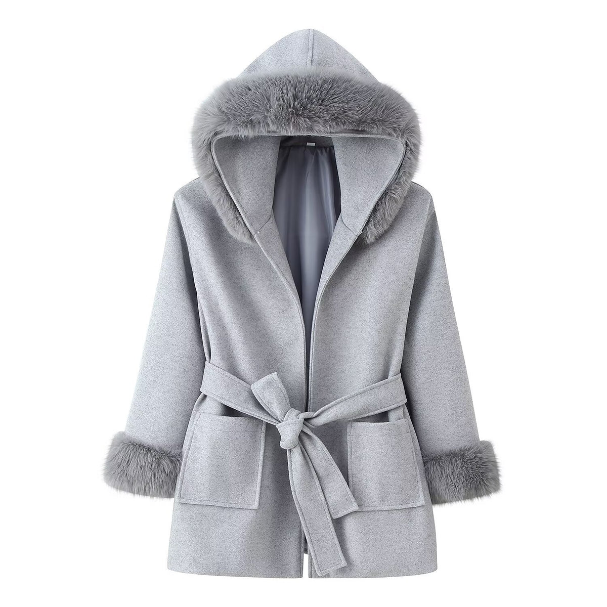Women's Hooded Wool Blend Coat with Tie Belt and Faux Fur Trim Fashion Glam