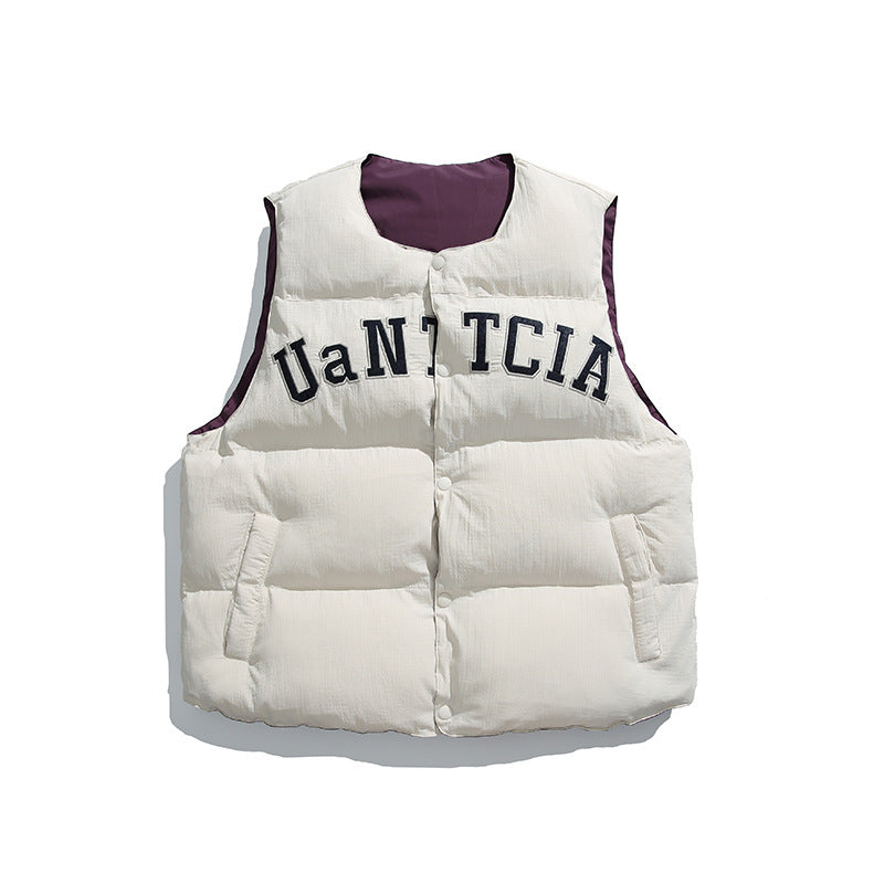 Unisex Padded Quilted Vest in Boxy Cut with Snap Button Closure and College Logo Print Fashion Glam