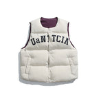 Unisex Padded Quilted Vest in Boxy Cut with Snap Button Closure and College Logo Print Fashion Glam