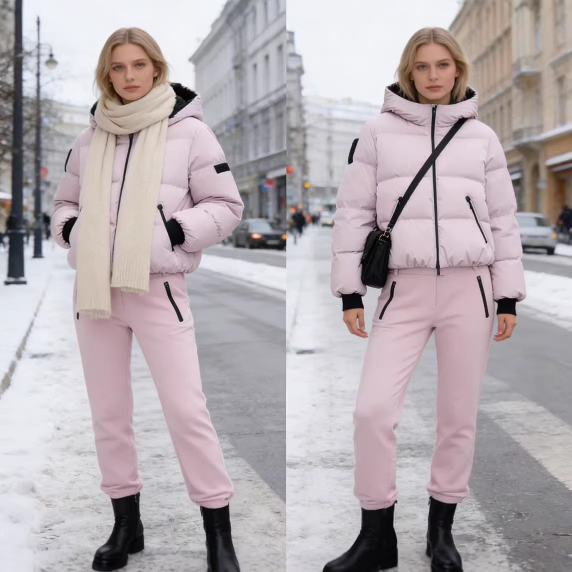 Women's short padded bomber-style hooded jacket with elastic hem and zippered pockets Fashion Glam