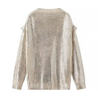 Ladies Glittering Chunky Knit Sweater with Cut-Out Shoulders Fashion Glam