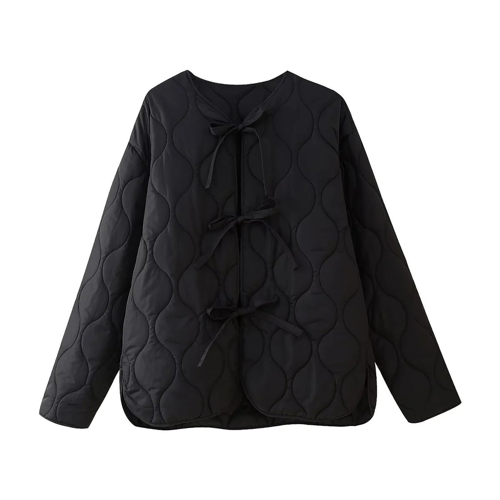 Women geometric quilted oversized liner jacket without collar Fashion Glam