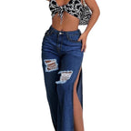 Women's Longer High-Cut Denim Maxi Skirt with Side Thigh Slit and Used Details Fashion Glam