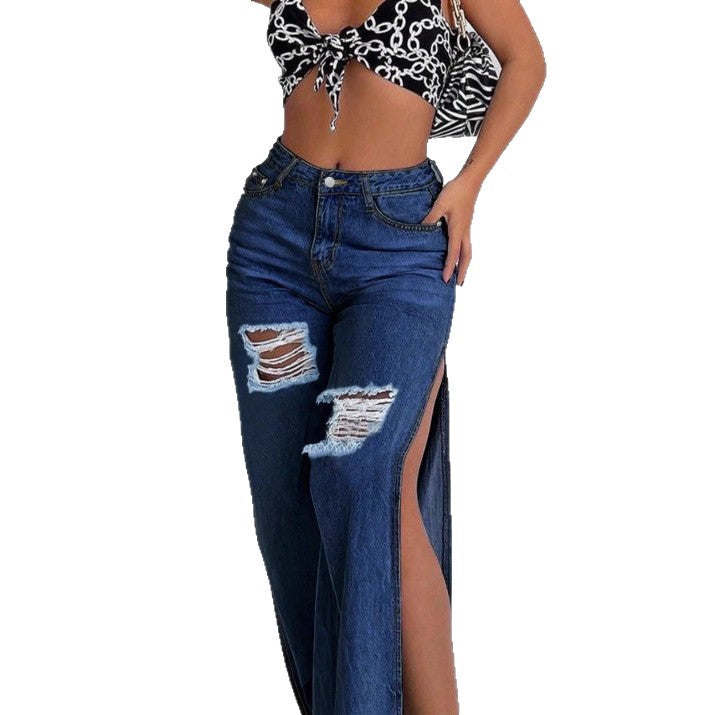 Women's Longer High-Cut Denim Maxi Skirt with Side Thigh Slit and Used Details Fashion Glam