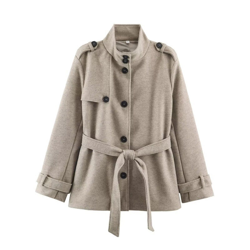 Women Short fitted coat with stand-up collar, shoulder straps and tie belt Fashion Glam