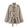 Women Short fitted coat with stand-up collar, shoulder straps and tie belt Fashion Glam
