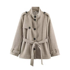 Women Short fitted coat with stand-up collar, shoulder straps and tie belt Fashion Glam